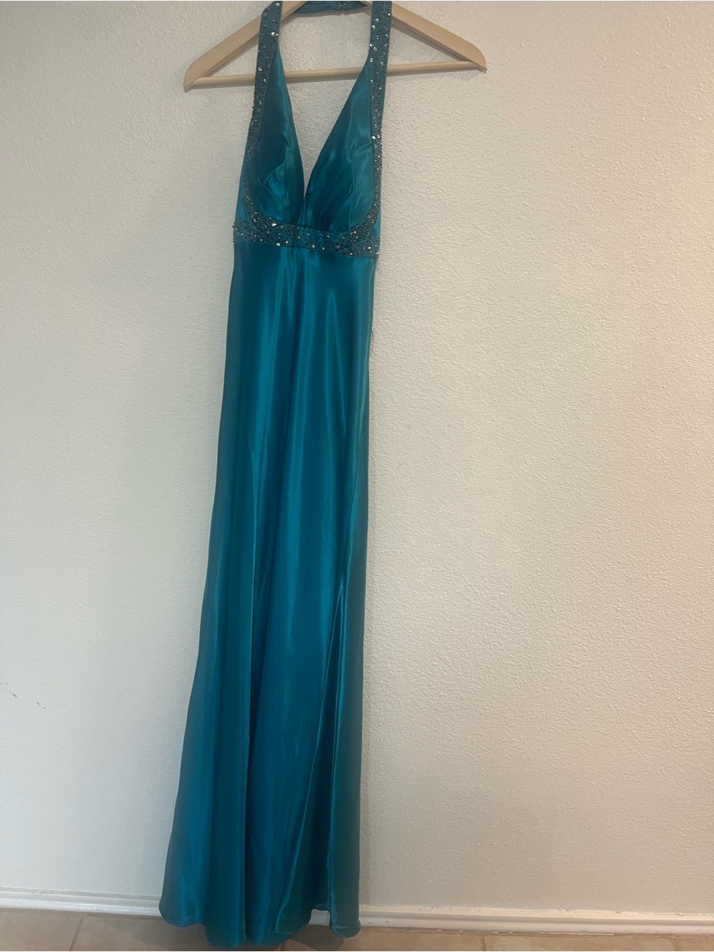 Cinderella Teal Halter Prom Dress with Beaded‎ Waist